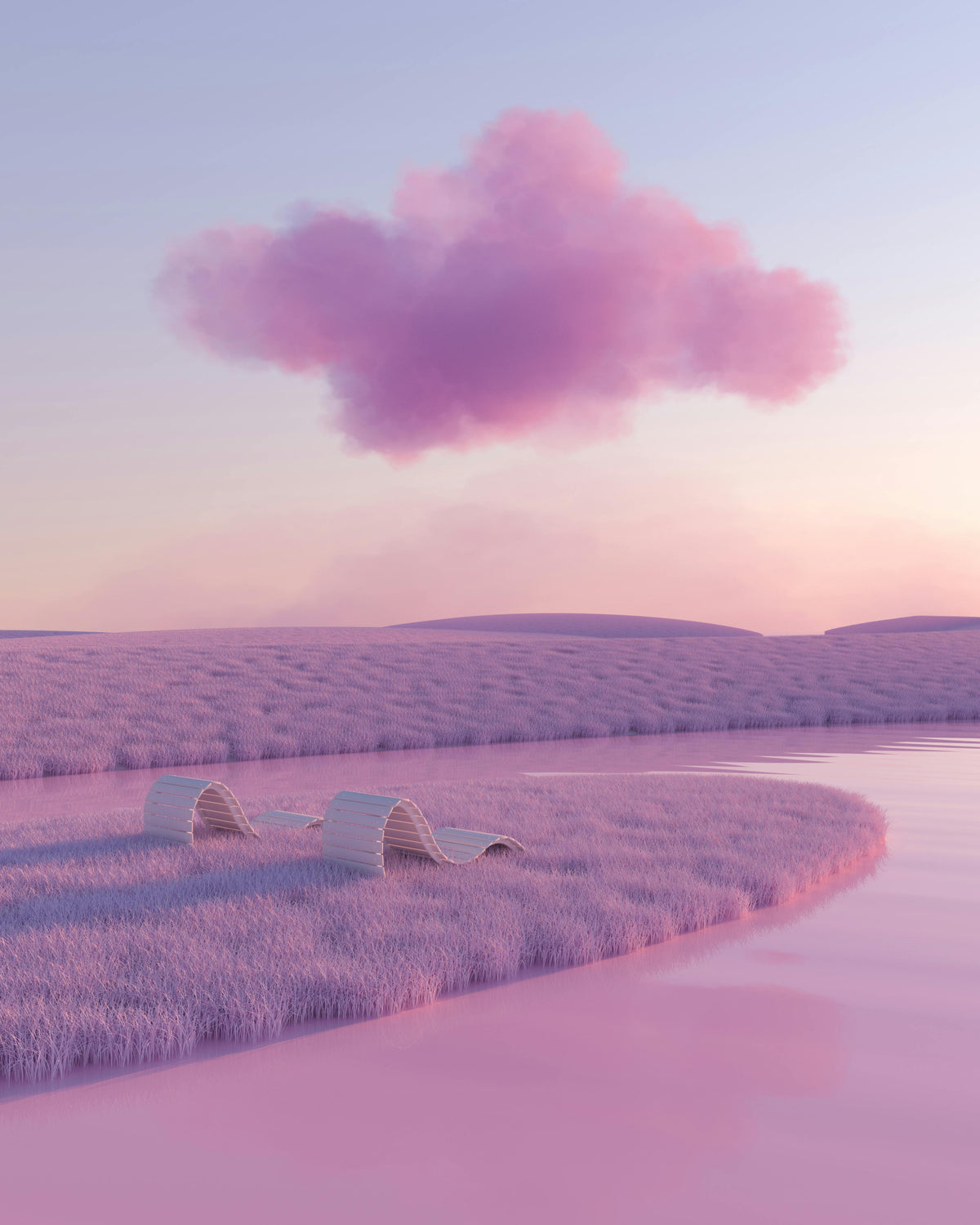 Abstract photo of a still lake or stream and the grasses beyond in dreamy pink and purple hues.