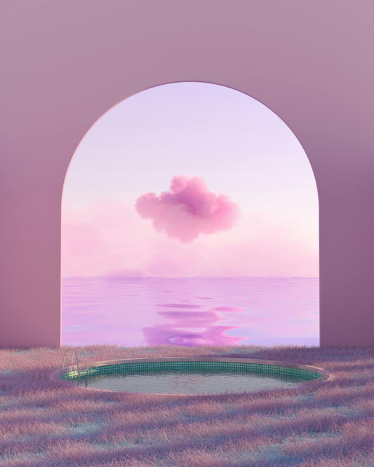 Abstract photo of a pink cloud over a pink ocean, framed by a pink arched wall that is in and out of frame.