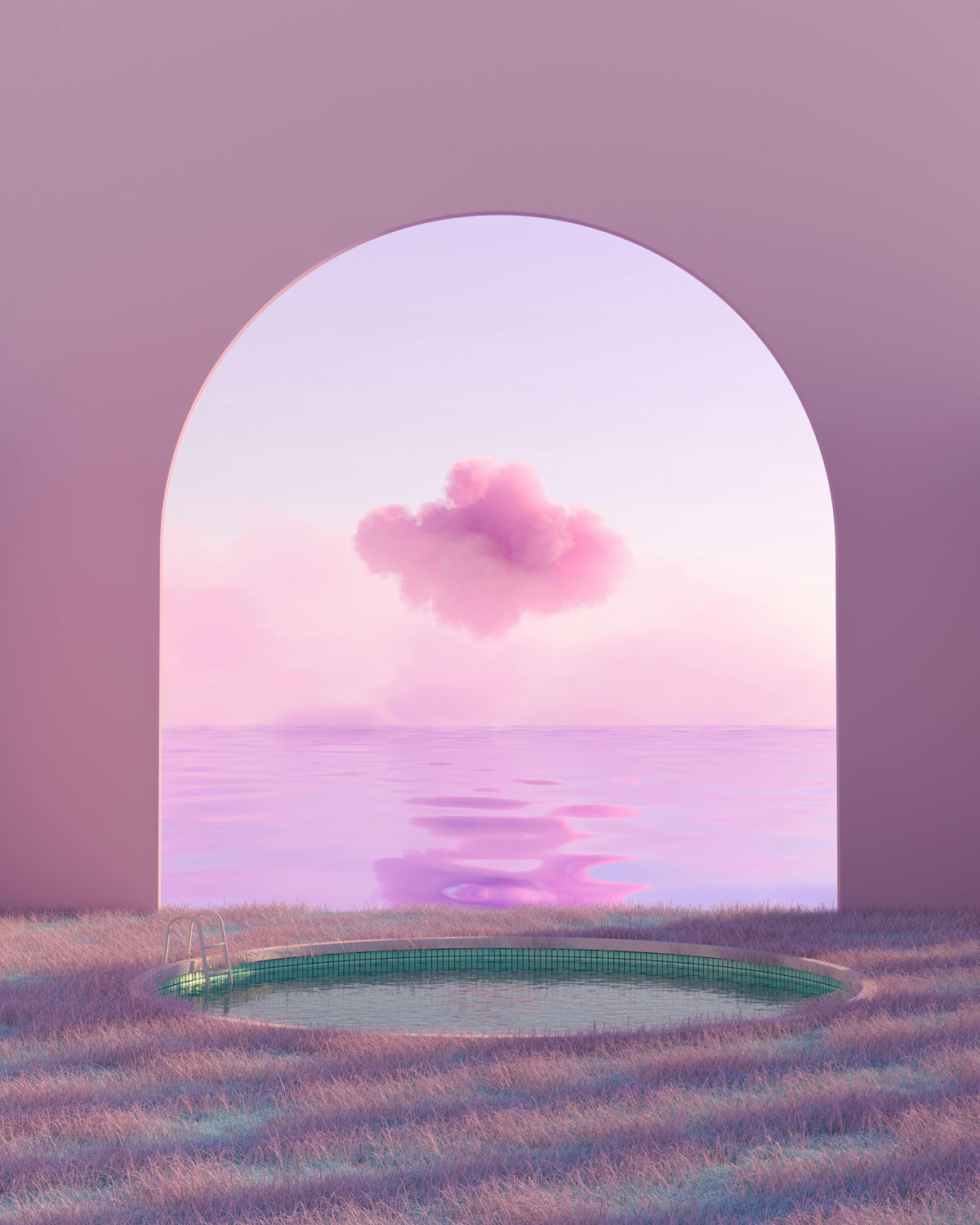 Abstract photo of a pink cloud over a pink ocean, framed by a pink arched wall that is in and out of frame.